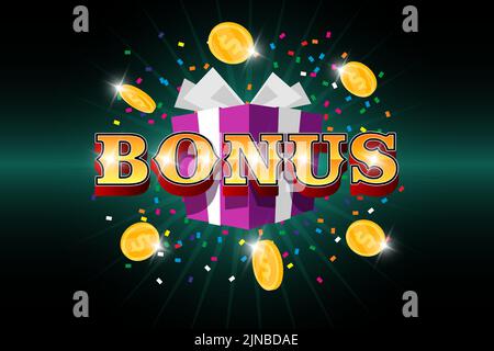 Bonuswort mit fliegenden Golddollar-Münzen und Geschenkbox auf Konfetti-Hintergrund. Promo-Banner zur Preisfestung. Treueprogramm oder Casino-Gewinnkonzept. Vektor-Illustration für Einkommen und Geld Stock Vektor
