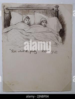 Erzählen Sie von der Party, von Frank Thayer Merrill, Illustration für die Little Women Ausgabe 1880 von Louisa May Alcott, Stift und Tinte auf Papier Stockfoto