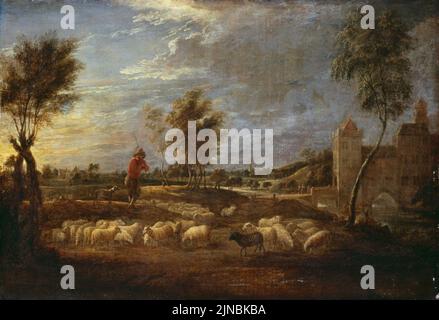 Teniers, David der Jüngere - Sonnenuntergangslandschaft mit einem Hirten und seiner Herde Stockfoto