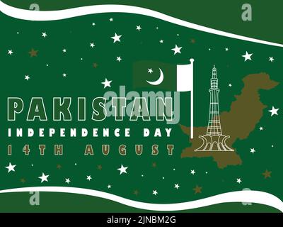 Vektor-Design-Banner zur Feier des pakistanischen Unabhängigkeitstages am 14.. August mit Karte und historischen Gebäuden Stock Vektor