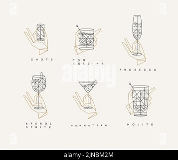 Set von Hand halten Gläser aperol Spritz, Schuss, tom collins, manhattan, Mojito, prosecco im Art déco-Stil. Stock Vektor