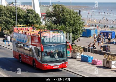 Offener roter Bus am Meer auf einer Besichtigungstour durch Southend, mit Passagier auf dem Oberdeck und Touristen am Strand und an einem heißen Tag an der Promenade Stockfoto