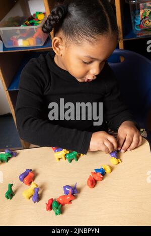 Bildung Vorschule Kinderbetreuung 3-4-jährige Mädchen im Gespräch mit sich selbst, wie sie sortiert bunte Plastiktiere Stockfoto