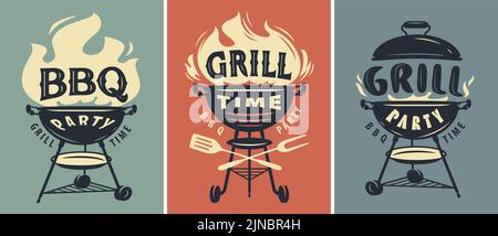 BBQ Time, Grill Party Retro Poster Set. Grillpicknick im Sommer. Vektorgrafik zum Kochen von gegrillten Speisen Stock Vektor