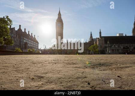 Heute Morgen wird auf dem Parliament Square Gras ausgetrockelt. Großbritannien erlebt derzeit trockenes Wetter. Bild aufgenommen am 4.. August 2022. © Belinda Jiao Stockfoto