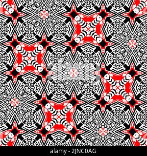 Rot-schwarzes, nahtlos Arabeske Mosaik-Bandana-Muster. Moderner maskuliner Halstuch mit geometrischem Schals-Druck, abstrakter Grafikmode und Tapetenkunst Stockfoto