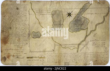 Der obige Plan ist eine Beschreibung einer neuen Gemeinde mit einer Menge von siebeneinhalb Meilen Land und Wasser, die vom Gericht den Besitzern von Bakerstown so Call'd, Lying & gewährt wurde Stockfoto