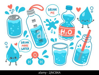 Trinken Sie mehr Wasser Set H2O Vektor-Illustration Stock Vektor