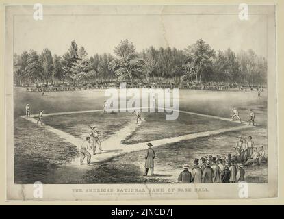 Das amerikanische Nationalspiel des Basisballs. Grand Match für die Meisterschaft auf den Elysian Fields, Hoboken, N.J. - Lith. Von Currier & Ives. Stockfoto