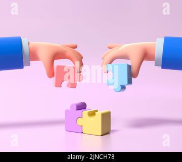 Cartoon Hände verbinden Puzzle. Symbol für Teamarbeit, Zusammenarbeit, Partnerschaft, Problemlösung, Geschäftskonzept. 3D Abbildung Stockfoto