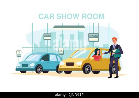 Autohaus Illustration Konzept. Flache Abbildung isoliert auf weißem Hintergrund Stock Vektor