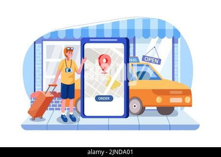 Online bestellen Taxi Car Illustration Konzept. Flache Abbildung isoliert auf weißem Hintergrund Stock Vektor