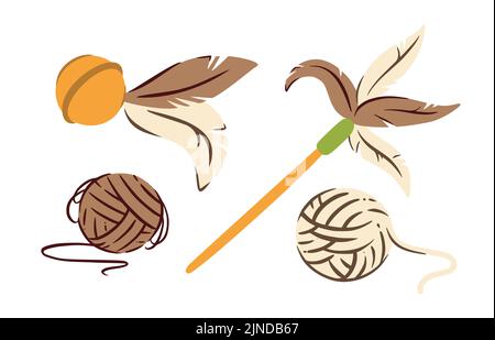 Katzenspielzeug mit Federn. Kätzchen Federstab zum Spielen und necken. Niedliche Vektorgrafik Stock Vektor