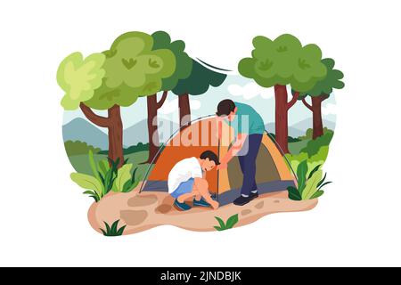 Camping Vacation Illustration Konzept. Flache Abbildung isoliert auf weißem Hintergrund Stock Vektor