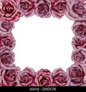 Aquarell rosa Rosen und grüne Blätter. Design für Valentinstag, Hochzeit, Muttertag, Geburtstag, Aufkleber. Elemente auf weißem Hintergrund isoliert. Stockfoto