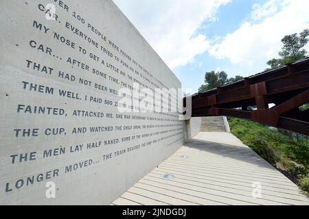 Das Waggon (oder Viehwaggon)-Denkmal zur Erinnerung an die von den Nazis im Zweiten Weltkrieg in Europa deportierten Personen. Yad Vashem Holocaust-Mahnmal, Jerusalem, Israel Stockfoto