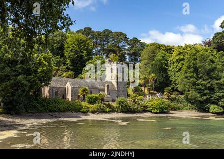 Die hübsche St. in der Kirche von Roseland. In einem subtropischen Garten am Rande eines Baches am Fluss Fal auf der Halbinsel Roseland in Cornwall gelegen. Stockfoto