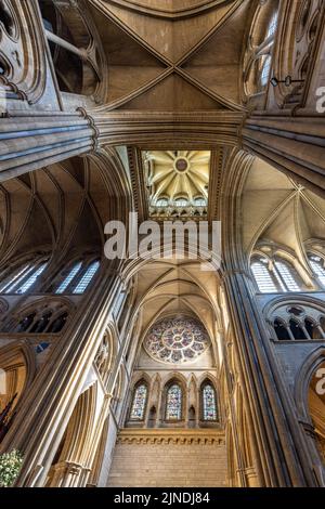 Das Innere der prächtigen Truro Kathedrale in Cornwall zeigt die Details der Schnitzereien und gotischen Bögen der Decke und des Dachs. Stockfoto