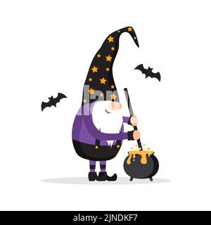 Halloween-Zwerg. Süßer skandinavischer Zwerg mit Tränk. Zwerg feiern gruselige Nacht. Poster „Happy Holiday“. Vektorgrafik in flacher Karikatur Stock Vektor
