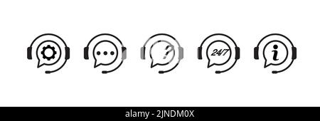 Satz unterstützter Symbole für Vektorlinien. Enthält Symbole wie Bediener, Headset, Mobilteil, Dialog. Stock Vektor