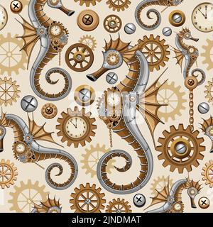 Steampunk Seahorse wurde ursprünglich auf Vektorgrafiken erstellt, wobei alle Elemente zu einem nahtlosen Muster zusammengesetzt wurden Stock Vektor
