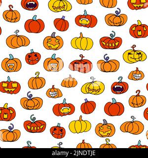 Nahtlose halloween gruselige orange Kürbisse Muster. Komisches, gruseliges, lächelndes Gesicht auf weißem Hintergrund. Doodle Autumn Charaktere. Happy Halloween Symbol. Stock Vektor