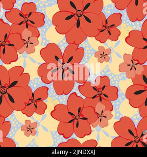 Poppy Blume Vektor nahtlose Muster Hintergrund. Handgezeichnete rote Blumenrepeat auf gepunktetem Hintergrund. Mehrjährige krautigen Garten Blume verstreut Design Stock Vektor
