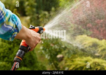 Frau Bewässerung Pflanze im Garten im Sommer Stockfoto