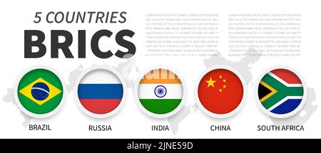 BRICS . Assoziation von 5 Ländern . Einfache Kreisflagge mit Rahmen . Weißer isolierter Hintergrund und Länderkarte . Vektor . Stock Vektor