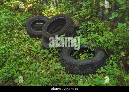 Illegales Abladen von Reifen auf dem Land. Das Konzept der Umweltverschmutzung. Stockfoto