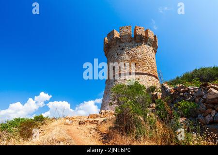 Campanella Turm an einem sonnigen Tag. Einer der genuesischen Türme auf Korsika, eine Reihe von Küstenfestungen, die von der Republik Genua zwischen 1530 und errichtet wurden Stockfoto