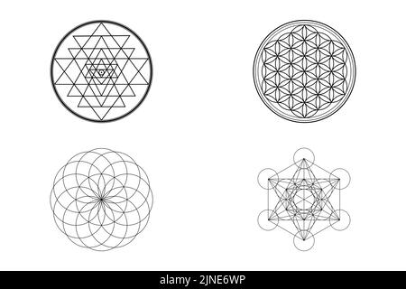 Heilige Geometrie Symbole, Sri Yantra, Blume des Lebens, Torus, Metatron Symbole isoliert auf weißem Hintergrund Stockfoto