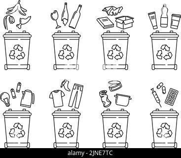 Satz von Abfallbehältern für das Recycling verschiedener Abfallarten. Sortieren und Recycling von Abfällen. vektorgrafik Stock Vektor