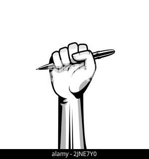 Vektorgrafik mit Bleistift in der Hand. Erhobene Faust mit einem Bleistift als Zeichen für die Freiheit der Meinungsäußerung. Stock Vektor