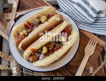 Hot Dog mit Gurken, roten Zwiebeln, Käse, Senf und Ketchup Stockfoto