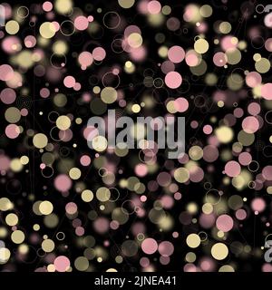 Illustration eines abstrakten Lichtpunktes und verschwommener Kreise Hintergrund wie Bokeh Spot Bubble Partikel mit Verbindungslinien auf einem schwarzen Hintergrund Stockfoto