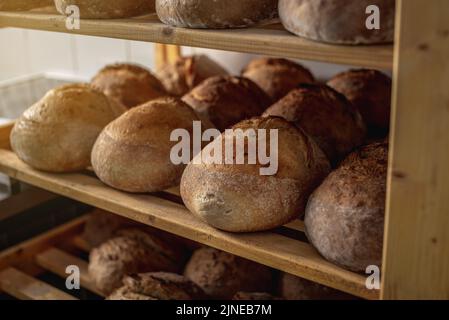 In der Bäckerei liegt frisch gebackenes Vollkornbrot mit goldener knuspriger Kruste auf Sauerteig auf den Regalen. Stockfoto