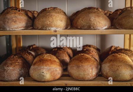 In der Bäckerei liegt frisch gebackenes Vollkornbrot mit goldener knuspriger Kruste auf Sauerteig auf den Regalen. Stockfoto