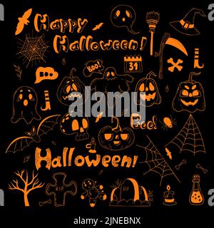 Große Sammlung Halloween. Jack Kürbis, Geist, Spinnennetz, Grab, Schädel, Hexenhut, Trank, Besen und Sense. VECTO Linear Hand Doodle. Isolierte Outli Stock Vektor