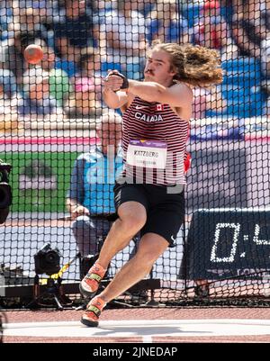 Ethan Katzberg aus Kanada, der am 6.. August 2022 im Alexander Stadium, Birmingham, England, beim Männer-Hammerfinale bei den Commonwealth Games antritt. Stockfoto