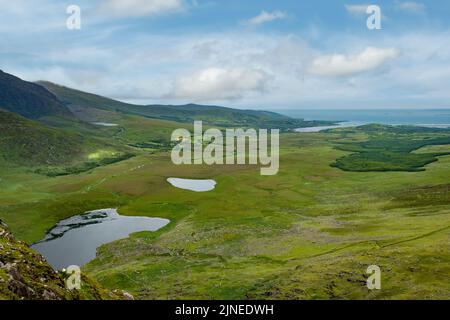 Blick vom Gipfel des Conor Passes, Dingle Peninsula, Co. Kerry, Irland Stockfoto