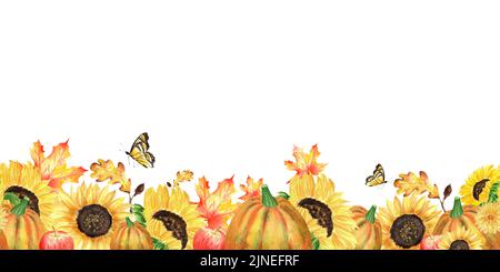 Ein Herbstgarten Komposition. Aquarell-Illustrationen zum Thema Herbsternte. Gartenrand mit Sonnenblumen, Ahorn- und Eichenblättern, Eichel Stockfoto