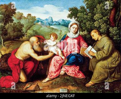 Paris Bordone, Madonna mit Kind und den Heiligen Hieronymus und Franziskus, Ölgemälde auf Tafel, um 1525 Stockfoto