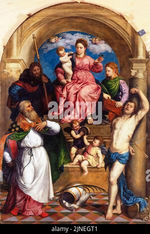 Paris Bordone, Madonna mit Kind und Heiligen, Ölgemälde auf Pappelholz, um 1530 Stockfoto