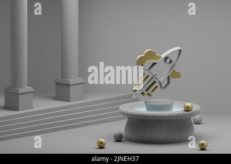 Schöne abstrakte Illustrationen Rocket Symbol Symbol auf einem Brunnen und Säule Hintergrund. 3D Rendering-Illustration. Stockfoto