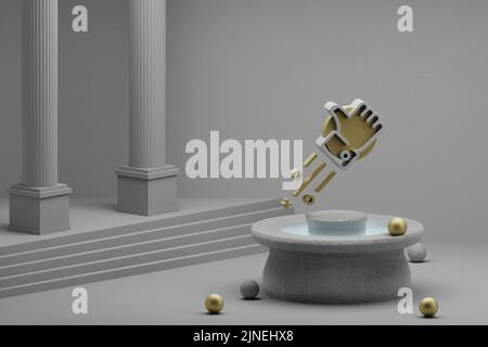 Schöne abstrakte Illustrationen Daumen hoch Symbol Symbol auf einem Brunnen und Säule Hintergrund. 3D Rendering-Illustration. Stockfoto