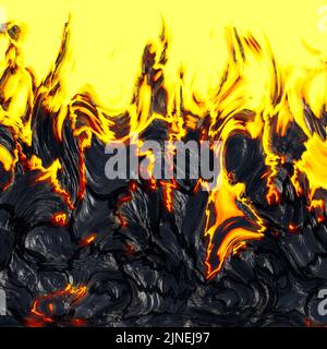 Realistische Lavaflamme auf schwarzem Aschegrund. Textur der geschmolzenen Magmaoberfläche Stockfoto