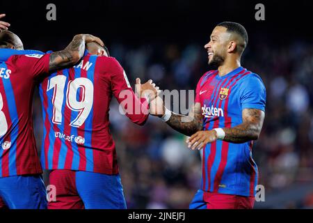 BARCELONA - 1. MAI: Barcelona Spieler feiern nach einem Tor beim La Liga Spiel zwischen FC Barcelona und RCD Mallorca im Camp Nou Stadion Stockfoto