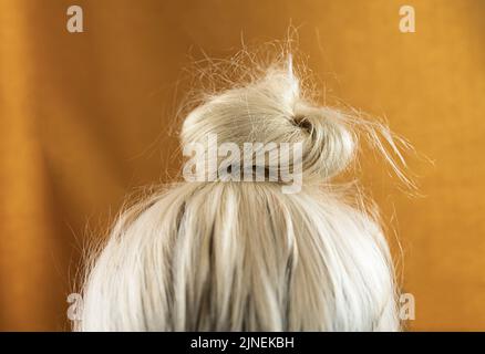 Nahaufnahme von blondem Haar, das in einem lässigen, unordentlichen Haarbrötchen und einer Frisur aufgesetzt wird. Stockfoto