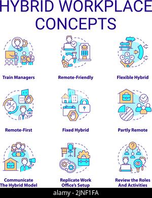 Symbole für das Konzept des hybriden Arbeitsplatzes gesetzt Stock Vektor